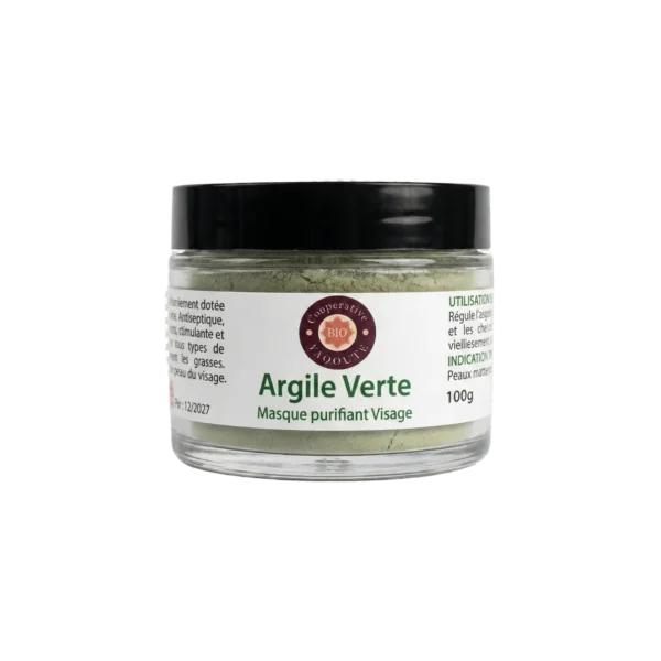 Masque à l'argile verte naturelle 100g pour peaux grasses et acnéiques - Yaqoute Bio