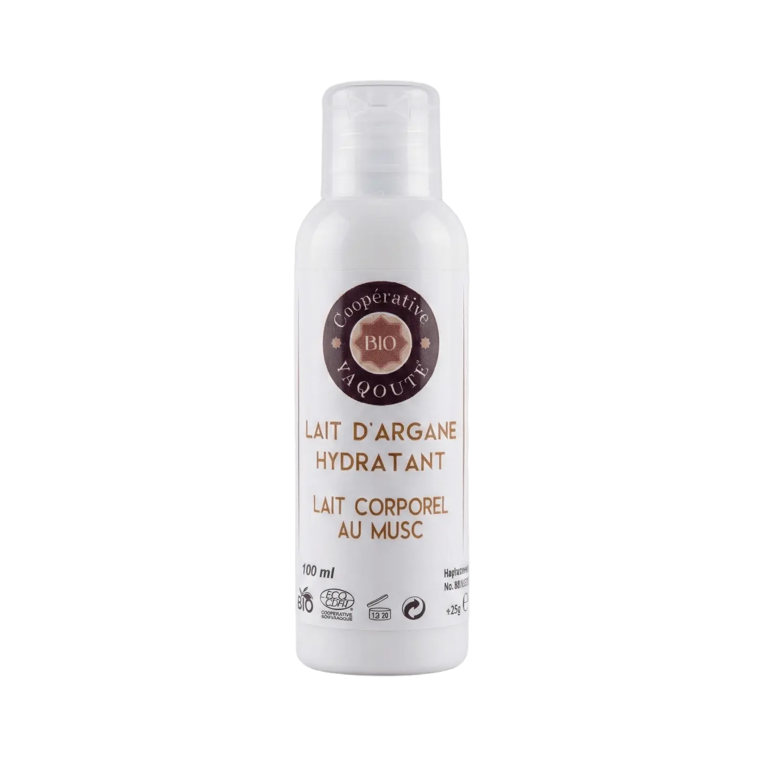 Lait Corporel Argan & Musc Blanc - 100ml Lait corporel hydratant à l'huile d'argan et musc blanc 100ml pour une peau parfumée - Yaqoute Bio