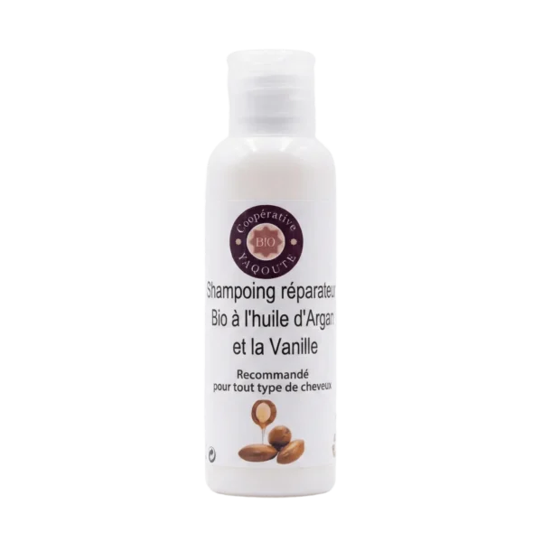 Shampoing bio réparateur à l'huile d'argan et vanille 100ml pour cheveux abîmés - Yaqoute Bio