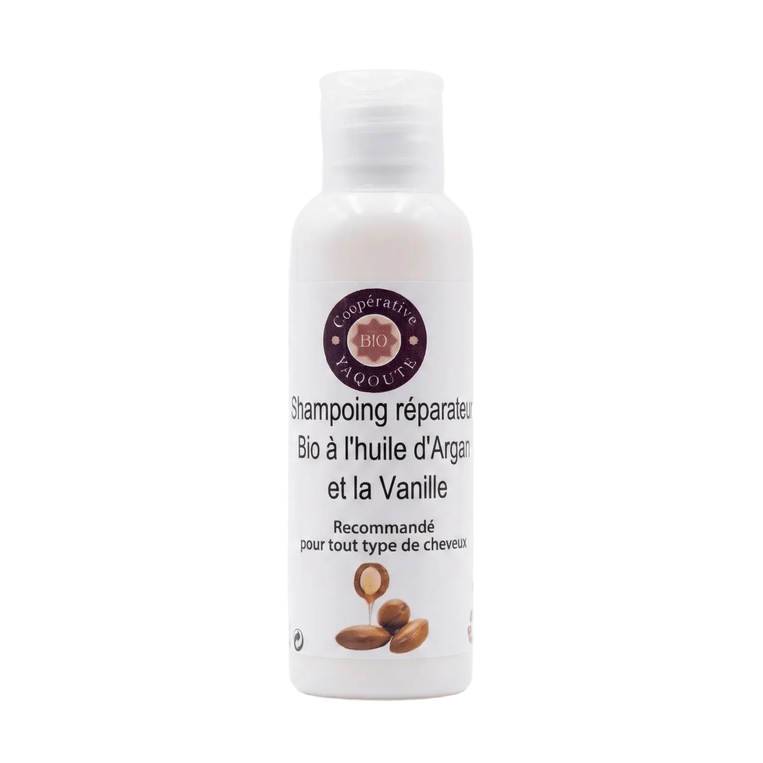 Shampoing Réparateur Argan & Vanille - 100ml Shampoing bio réparateur à l'huile d'argan et vanille 100ml pour cheveux abîmés - Yaqoute Bio